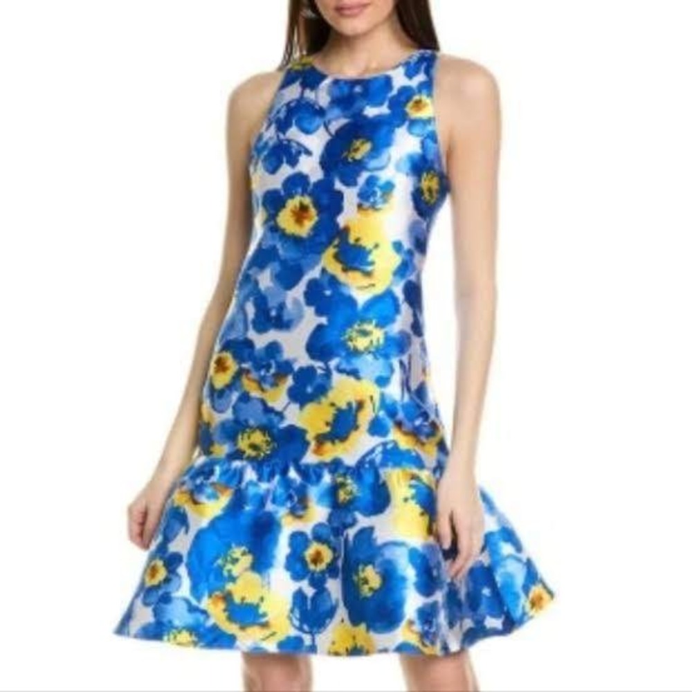 Julia Jordan Blue‎ Yellow Floral Drop Waist Ruffle Mini Dress JJ40000 Womens 6